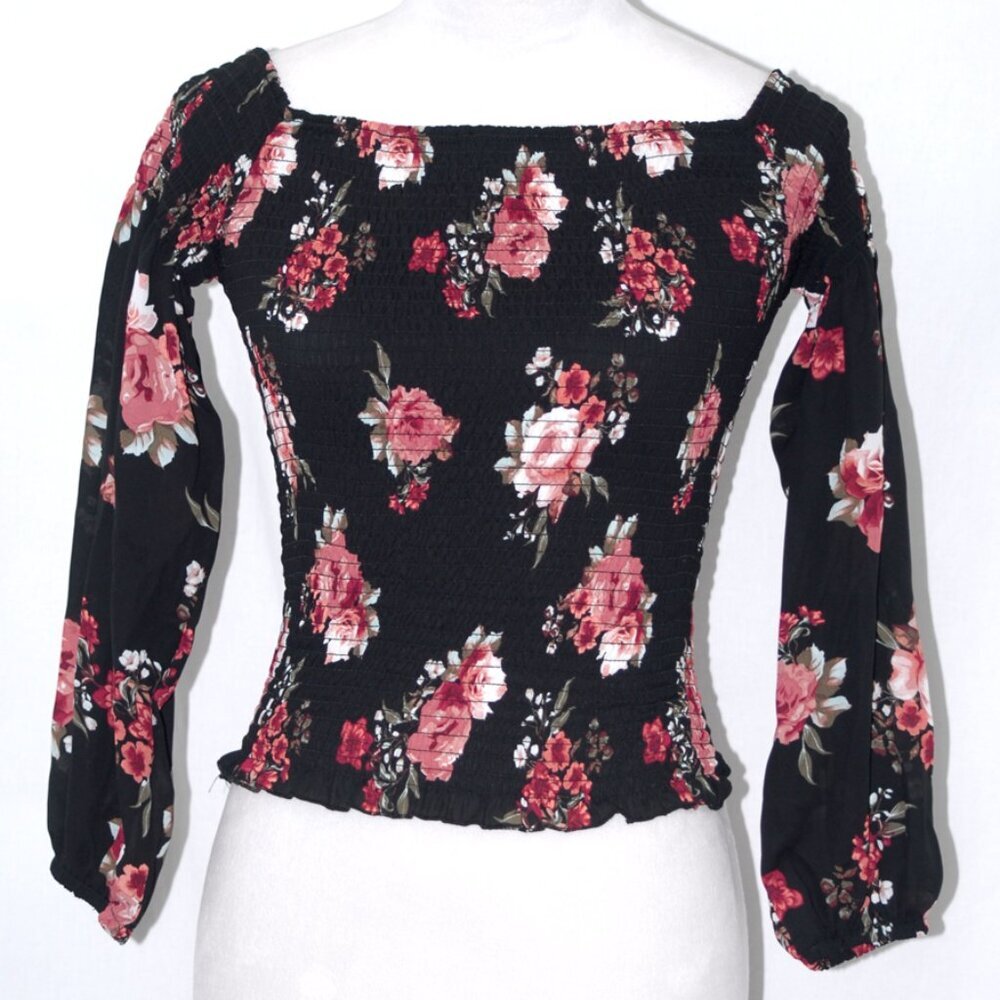 LNC Justify Juniors Medium Black Floral Top Off the Shoulder Shirt ¾ Sleeves